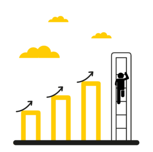 Pictogramme pour la formule "booster". Il représente 4 barres de diagramme qui augmentent avec un bonhomme qui monte à l'échelle sur la barre la plus haute. Il y a des flèches qui montrent l'ascension et des nuages pour montrer que le personnage monte haut