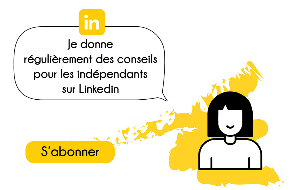 Pictogramme avec un visage qui fait un clin d'oeil et une bulle de conversation "je donne régulièrement des conseils pour les indépendants sur Linkedin"